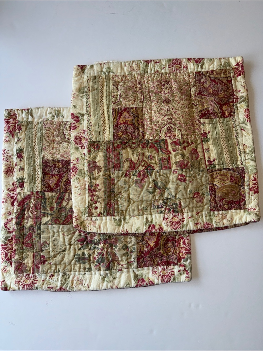 Vintage 16” Quilted Pillow Shams in Cream and Burgundy
